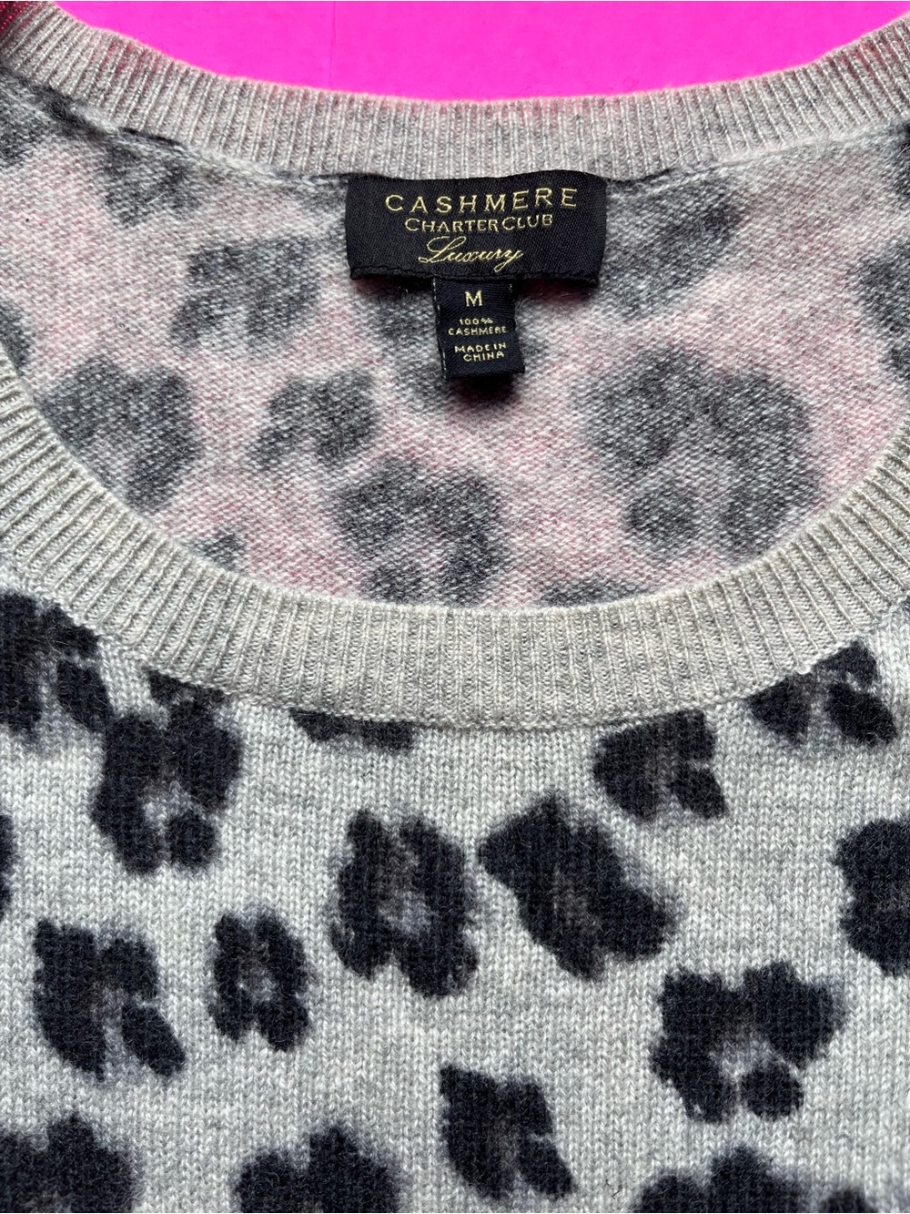 Charter Club Cashmere Leopard Print Sweater in Gray and Black